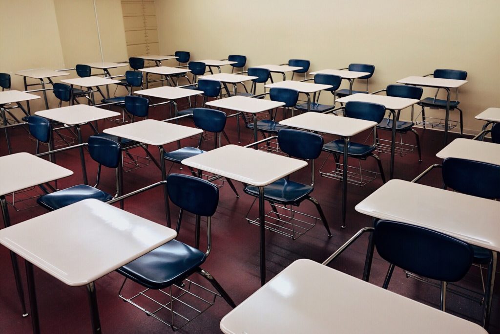 Desks in an exam hall at a school