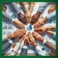 leaders all working together, putting their hands in the middle of the table over papers showing data and statistics, demonstrating analytical leadership