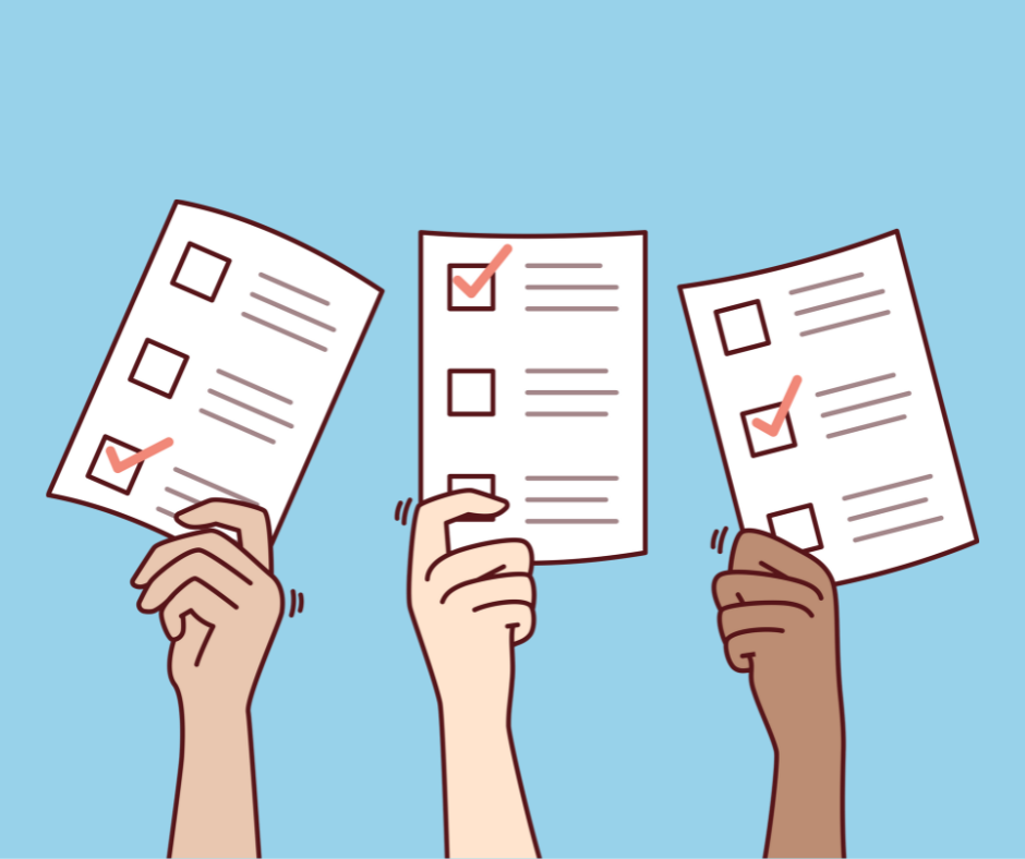 three cartoon hands holding poll or voting cards in the air giving the impression they are voting in an election