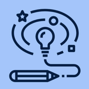 an icon of a lightbulb and a pencil and a some shapes swirling around them
