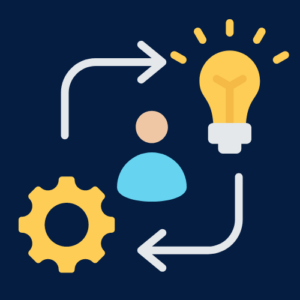 an icon of a person with a lightbulb and cog floating around their head